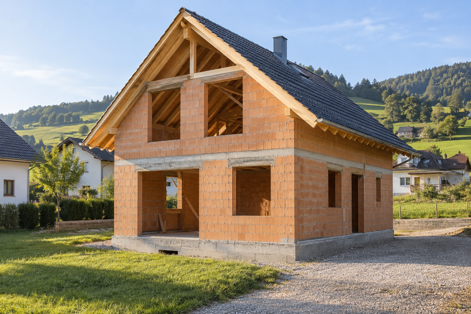 Begonnenes Wohnhaus mit Ziegelmauerwerk, Dachkonstruktion und Grundstück